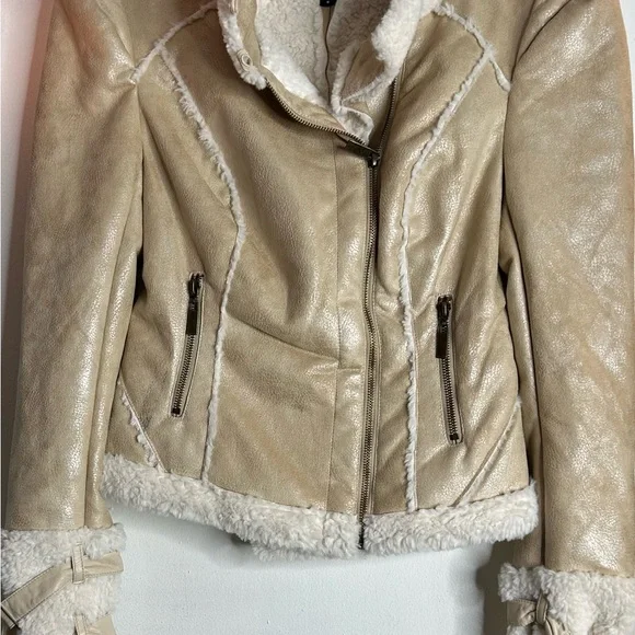 BLANC NOIR NWT Tan Faux leather jacket front zip pockets, wrist straps. - Picture 2 of 5